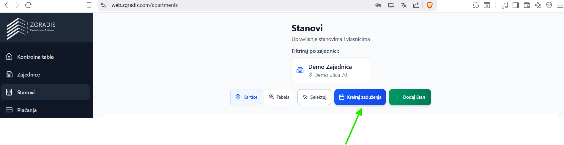 Kreiranje zaduženja dugme na Stanovi strani