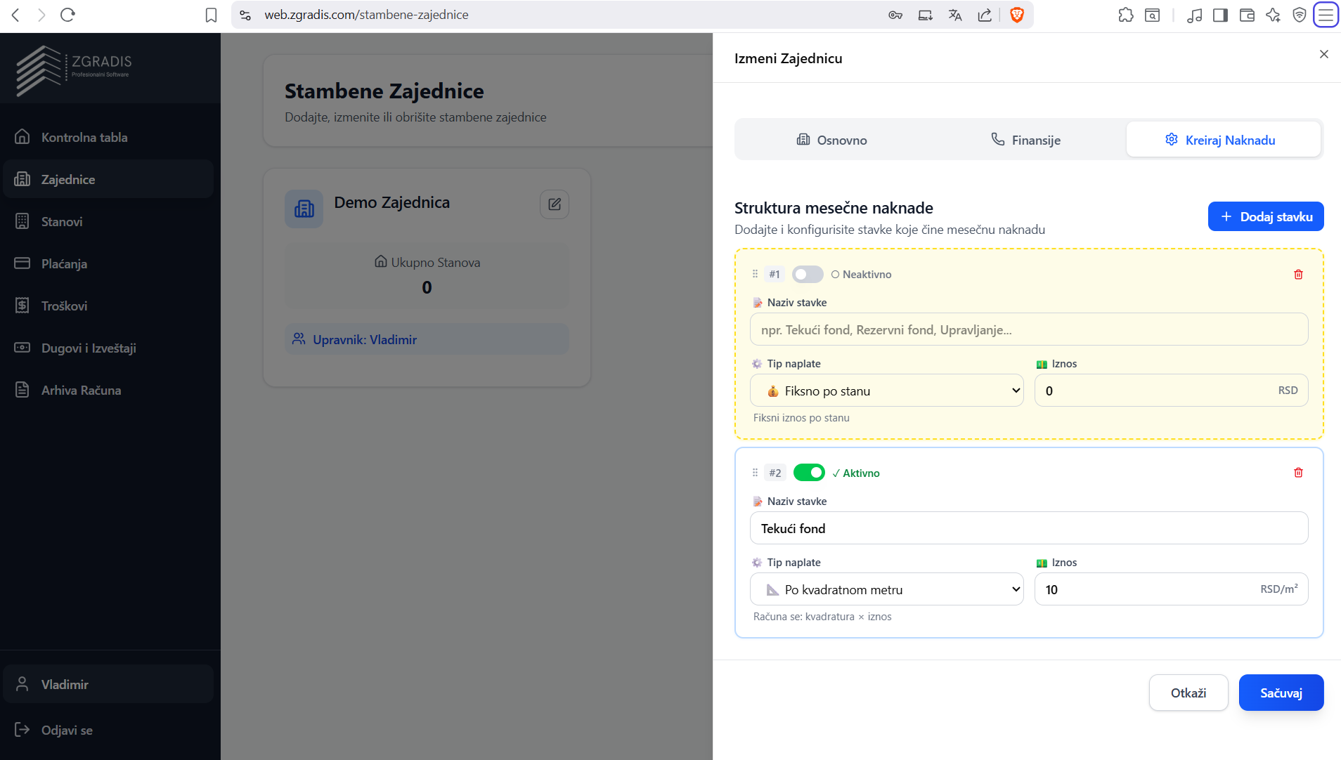 ZgradIS kontrolna tabla sa otvorenom modalom za kreiranje naknada