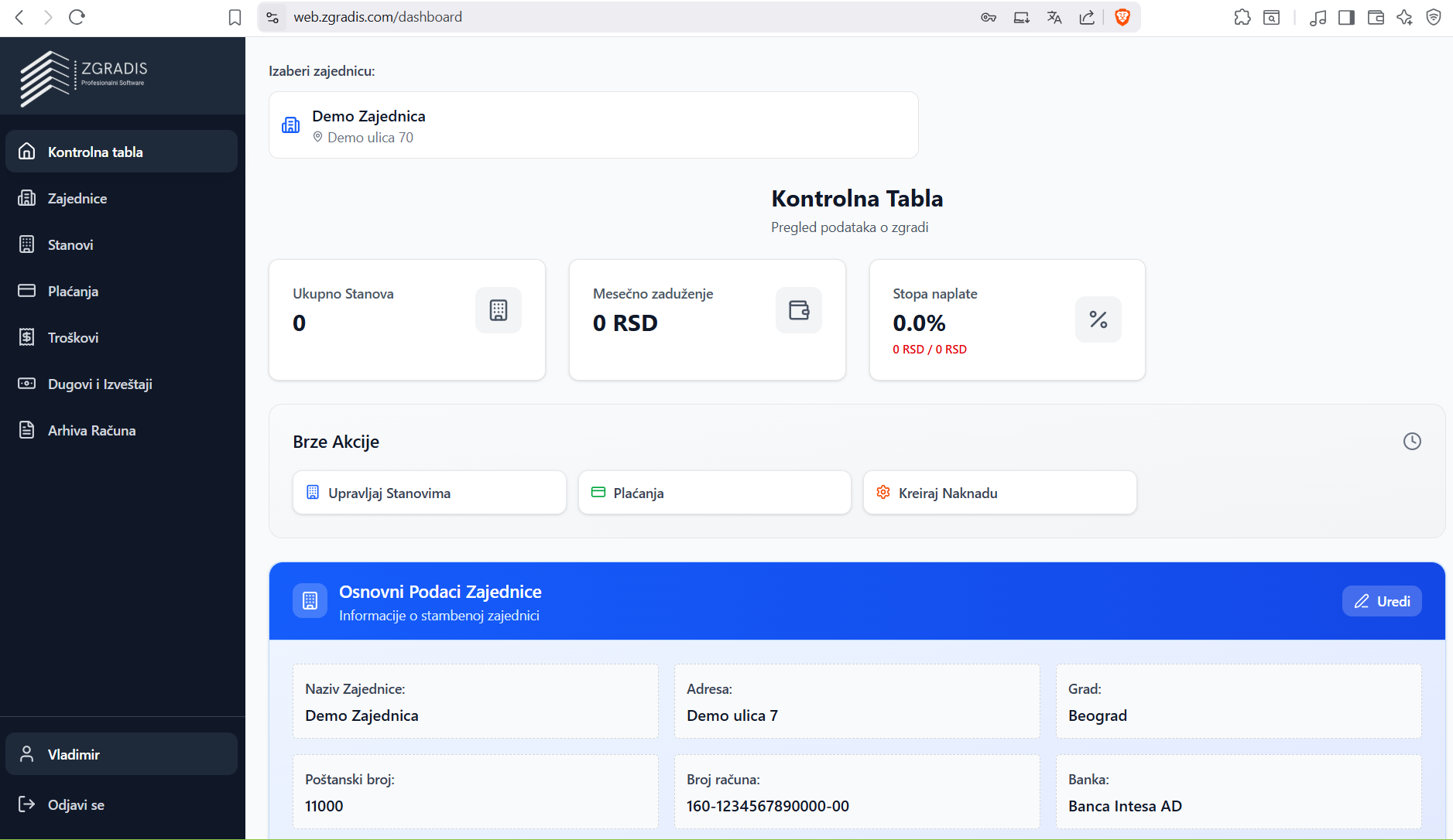 ZgradIS sidebar navigacija sa 7 sekcija: Kontrolna tabla, Stanovi, Plaćanja, Fee Structure, Računi, Izveštaji, Podešavanja